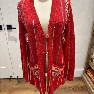 Raquel Allegra Red Cardigan with Colorful Stripes